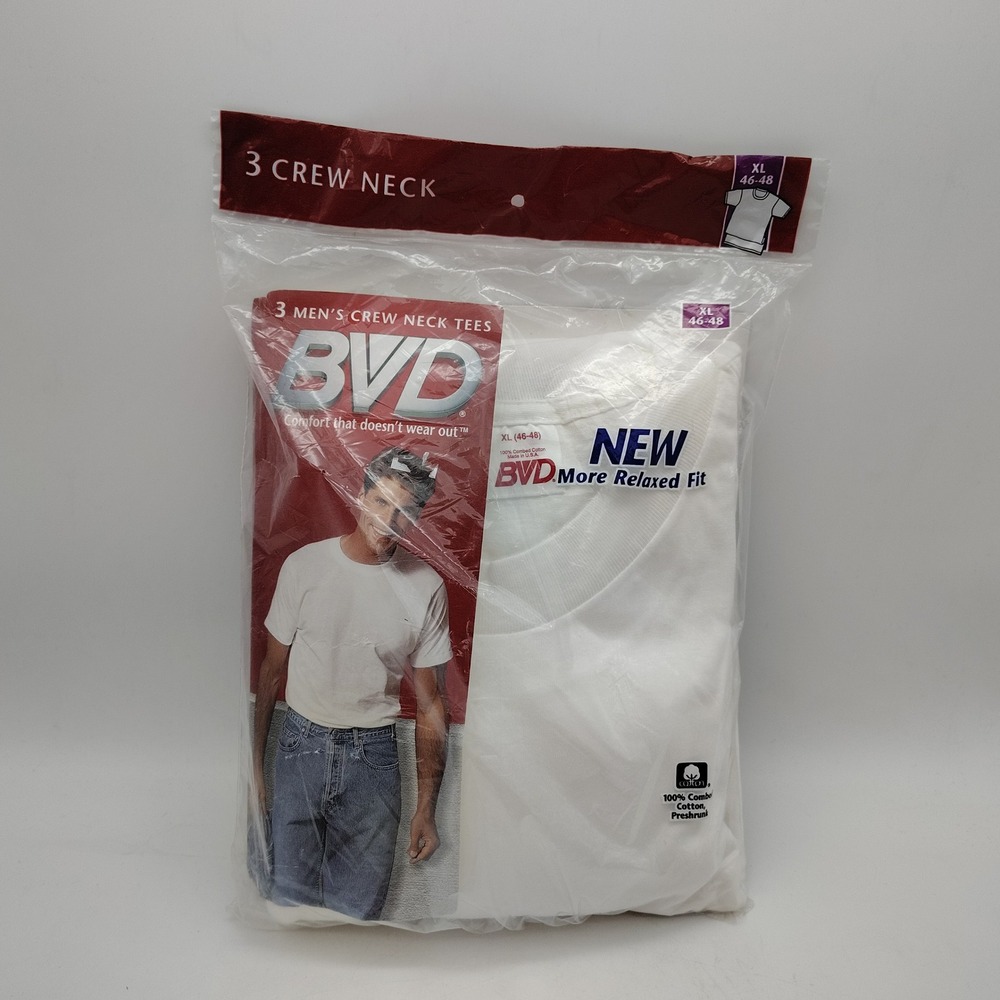 Vtg 90s BVD Mens 3 Pack Crew Neck White T-Shirts XL 46-48 100% Cotton Deadstock